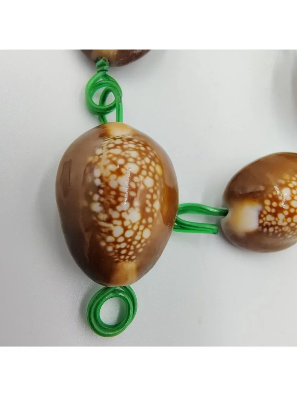 Vintage Handmade Cowrie Shell Bracelet Green Wire Boho Beach Coastal Jewelry
